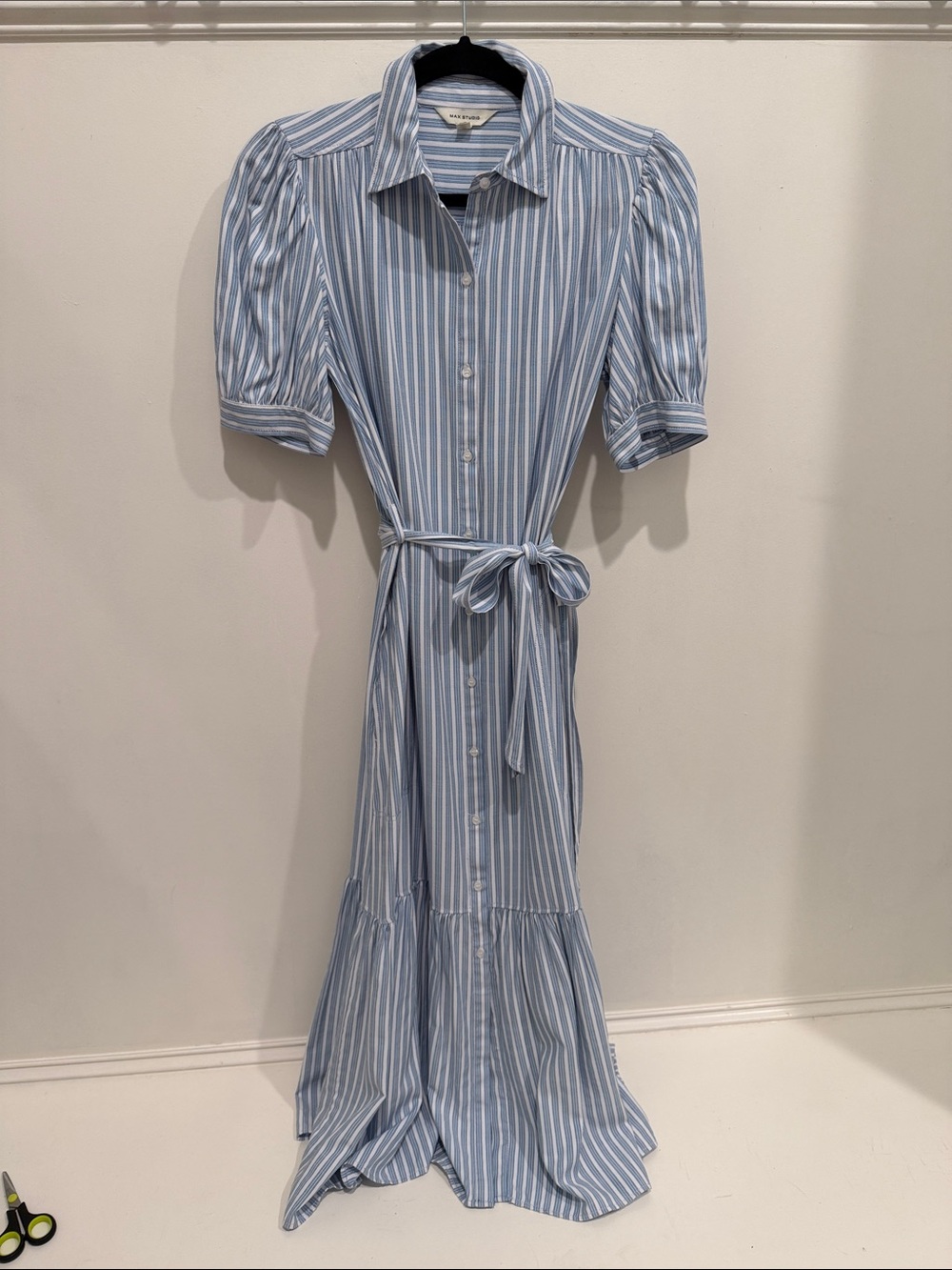 Max Studio Light Blue and White Striped Maxi Shirt Dress
